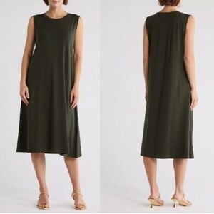 EILEEN FISHER Fine Jersey A-line Sleeveless Midi Dress, Green, Small Petite